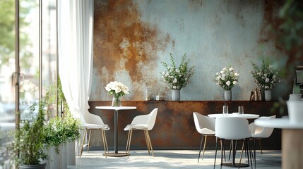 Retro style coffee shop with brown rust-painted walls, gray floor paint, and island platforms. Featuring white round tables with chairs, small vases with white roses, green plants, and white curtains.