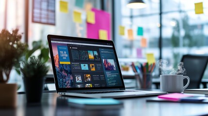 A sleek laptop with a vibrant design, coffee, sticky notes, and a plant embodies creativity and productivity.