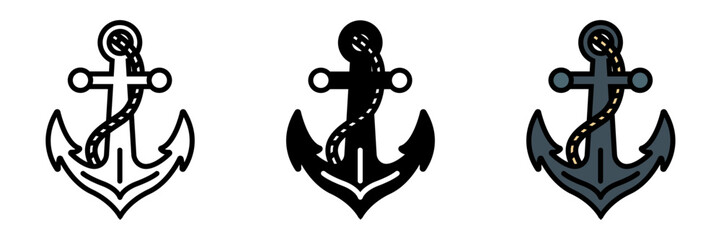 Anchor icon is a heavy metal object with flukes, used on boats to secure them to the seabed, preventing drifting.