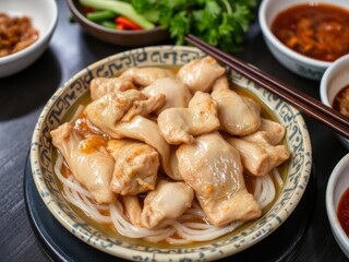 Steamed chicken and abalone garnished with vegetables and herbs, served on a white dish, culinary, abalone