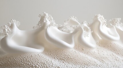 Delicate white bubble foam arranged in a zigzag pattern on a clean white surface, evoking luxury and purity with soft, intricate details and bright lighting, shot in a professional studio setting.