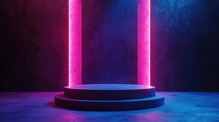 Neon Lit Two Tiered Platform In Dark Room