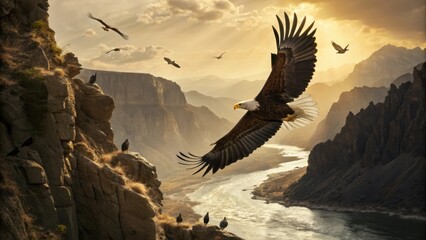 Fototapeta premium Majestic eagle soaring over rugged canyon landscape