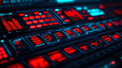 Futuristic Control Panel with Red and Blue Lights in Dark Environment