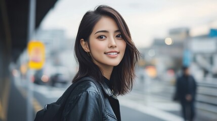 Obraz premium Asian Woman Smiling in Urban Environment