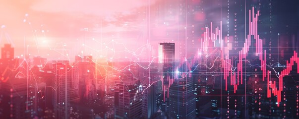 Fototapeta premium Cityscape Skyline Overlayed With Financial Data Graphs