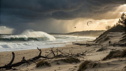 Stormy beach scene with dark skies and crashing waves
