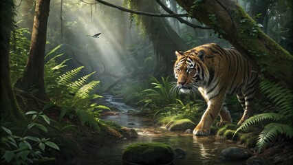 Tiger stalking through dense jungle near a tranquil stream