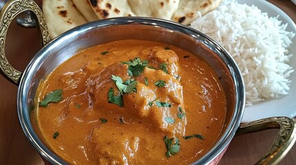 Indian butter chicken in a rich orange curry, garnished with cilantro, served in a copper bowl with naan bread and basmati rice on the side