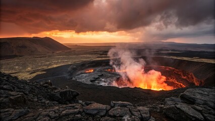 Fototapeta premium Volcanic Landscape with Erupting Lava in Remote Wilderness