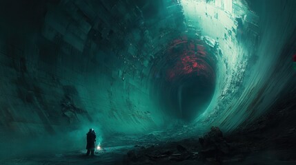 Person explores a dark, teal, futuristic tunnel. Illustrates exploration, mystery, and sci-fi themes.