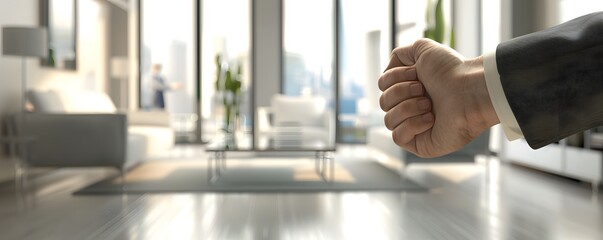 A clenched fist against a blurred modern apartment background