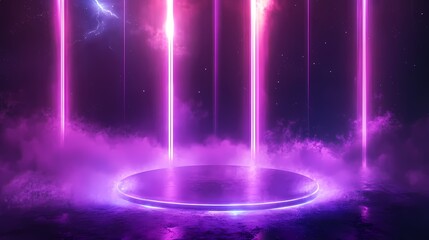Futuristic Abstract Scene with Neon Lights, Floating Platform, and Glowing Lasers in a Dark Atmospheric Environment for Science Fiction Concepts