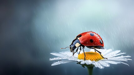 Obraz premium Stunning macro imagery of a ladybug on a dewy white daisy, with a peaceful blue sky-inspired background, showcasing nature’s simplicity Ultra-Realistic Photo Realistic highly detailed 
