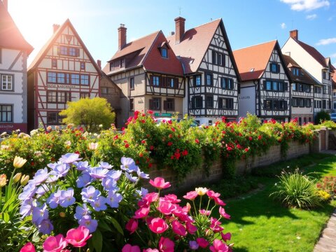 Vibrant cityscape of Ansbach on a beautiful spring day with colorful buildings and blooming flowers, sunny, Ansbach