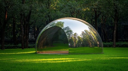 Naklejka premium Fiberglass and innovation concept. Reflective dome structure in a green park surrounded by trees.