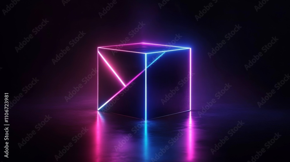 Poster futuristic 3d cube with neon lights in dark background abstract wallpaper