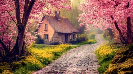 Charming Country House Surrounded by Blooming Trees
