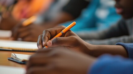 Fototapeta premium Learning: A close-up of hands taking notes in a classroom setting