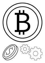 Bitcoin and dollar coin symbols with two gearwheels highlighting blockchain technology and financial systems. Ideal for blockchain, finance, cryptocurrency, fintech, investment, technology, economy