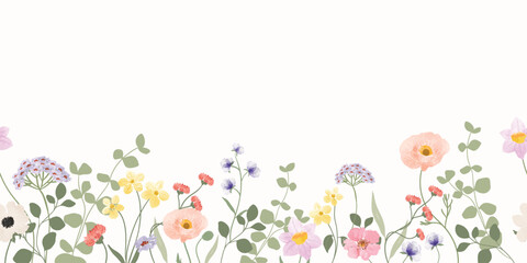 Spring and summer watercolor flower pattern seamless background vector. Watercolor hand painted botanical floral, daisy, wildflower, eucalyptus leaves. Design for wallpaper, banner, print, website. © babeer
