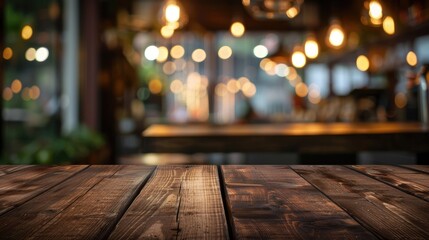 Dark wood table against blurred restaurant background for product display