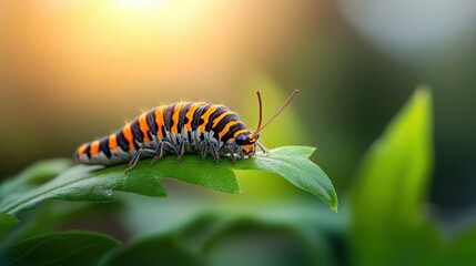 Naklejka premium Colorful Caterpillar Crawling on a Bright Green Leaf
