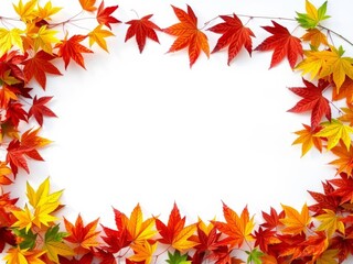 Watercolor frame of autumn maple leaves on white background, empty middle, soft light, empty, frame