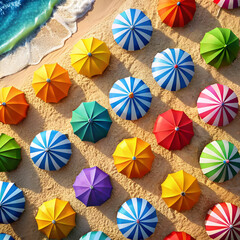 colorful beach umbrellas top down view on sandy beach