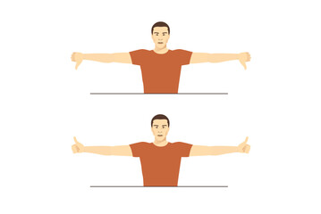 Man doing Horizontal Hand Rotations target for Biceps. Diagram of Stretch Exercise posture. Hold arms out to sides and rotate shoulders by turning a thumbs down.