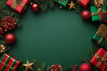 Christmas Gifts and Decorations with Baubles Stars and Pine on Green Background