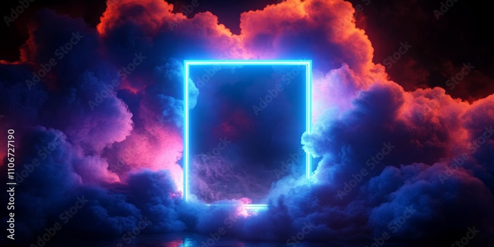 Aufkleber neon square frame in vibrant clouds against dark background futuristic ethereal atmosphere