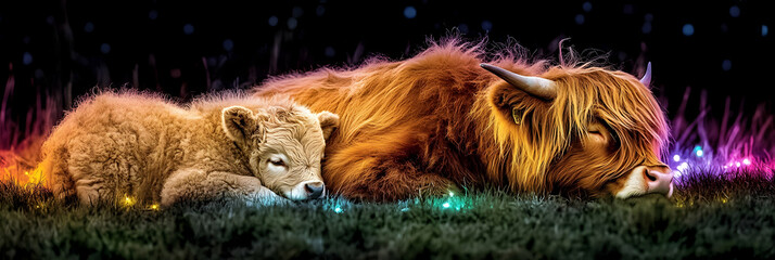 Highland Cow and Calf Sleeping Peacefully in a Luminous Grassland at Night