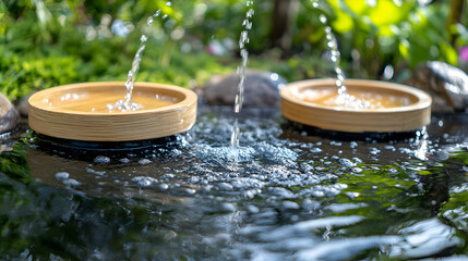 Water cascading into serene bamboo bowls in a tranquil garden pond, creating a peaceful atmosphere.