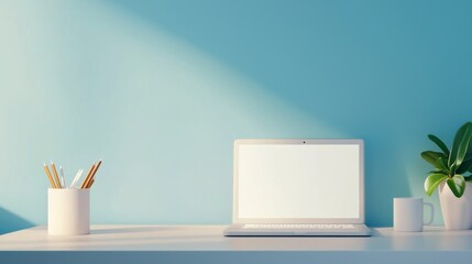 A laptop is on a desk with a white background