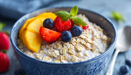a bowl of oats with fresh fruit topping