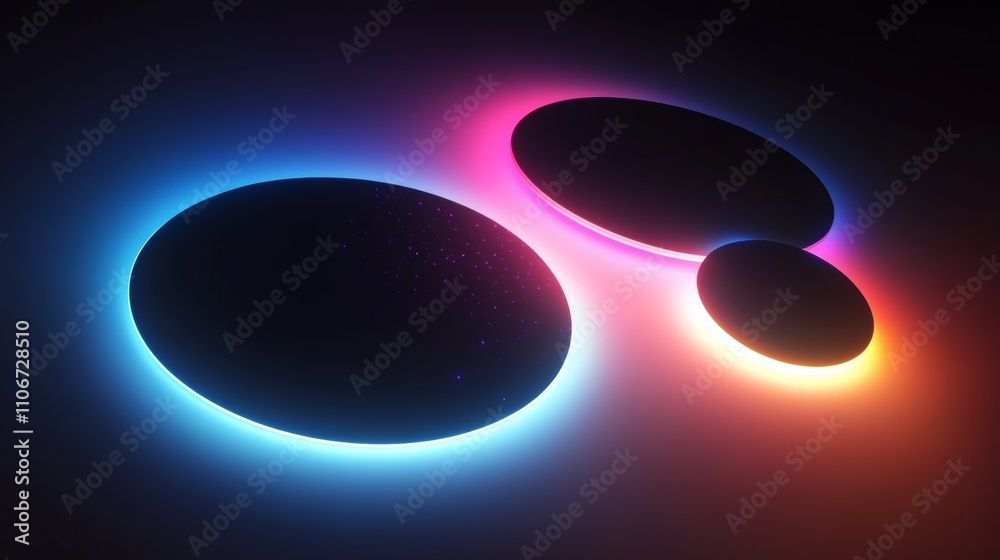 Poster Abstract Neon Circles with Glowing Edges in Dark Gradient Background Minimalist Graphic Resource