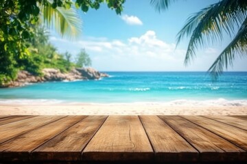 Fototapeta premium Empty wooden table on a beautiful tropical beach background for summer holiday product display