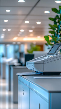 Modern Office Printer Sits on Desk in Bright Room