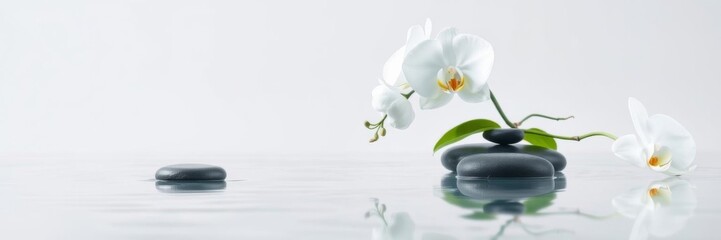 Zen stones and delicate white orchids reflecting in a calm pool, stones, serene