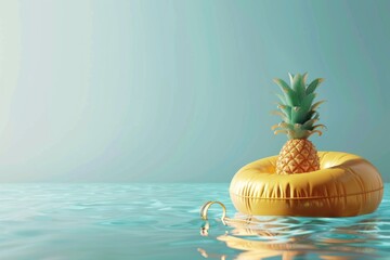 Summer Vacation Tropical Paradise: Pineapple on Inflatable Ring in Turquoise Water
