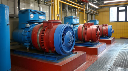 Industrial Machinery. Red and Blue Pumps in a Facility
