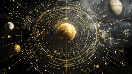 Zodiac astrological chart with planets in outer space. Ethereality. Illustration