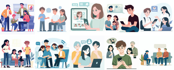 Vector set of a teenager chatting with family in a simple flat design style