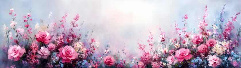 Pink Roses and Flowers Bloom in Impressionistic Painting