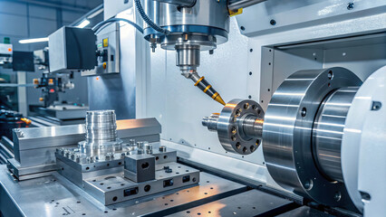 close up of metal manufacturing process featuring CNC machine in operation, showcasing precision engineering and advanced technology in industrial setting