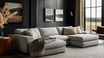 Fototapeta premium Cozy Grey Sectional Sofa with Soft Blanket