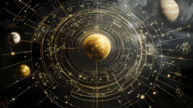 Zodiac astrological chart with planets in outer space. Ethereality. Illustration