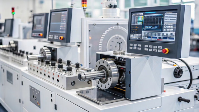 Advanced machinery in high tech manufacturing facility showcases precision engineering and automation. equipment features digital displays and control panels for efficient operation