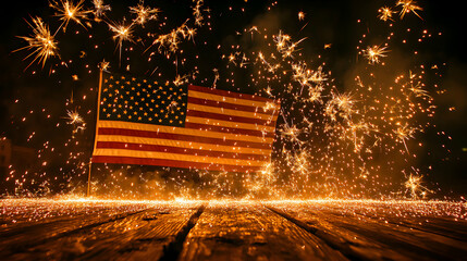 American Flag Celebrated with Sparkling Fireworks Display on Wooden Deck